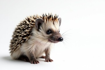Obraz premium Close-up of a single hedgehog against a seamless white backdrop , isolated background, macro, detail