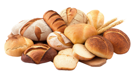 assortment of baked bread isolated on white background , transparent png 