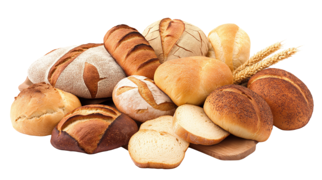 assortment of baked bread isolated on white background , transparent png 
