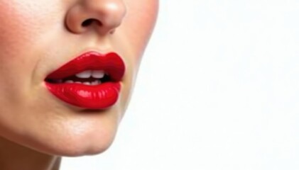 Fototapeta premium Close-up vibrant red lipstick, stark white backdrop, close-up, beauty product, lip gloss