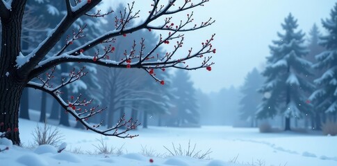 Dark isolated branches against snowy background, bare, landscape, frozen
