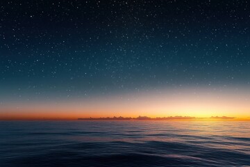 Twilight Seascape with Stars and Horizon Over Mountains