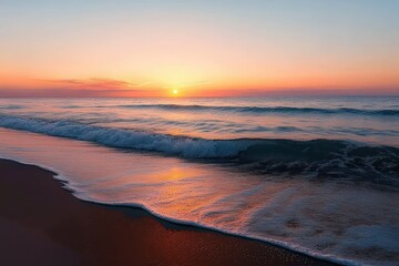 serene beach at sunset with tranquil ocean waves and warm pastel colors