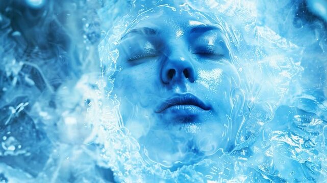 This close-up of a person in a shimmering cryogenic chamber, symbolizing advanced preservation.