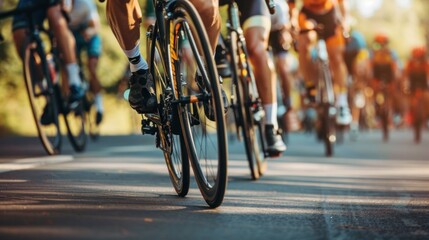 Cycling race in motion, close-up of bicycles wheels on asphalt road