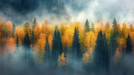 Obraz premium Misty Autumn Forest with Yellow and Green Trees in Foggy Landscape