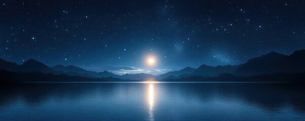 starry winter night landscape with bright moon over calm lake and mountains