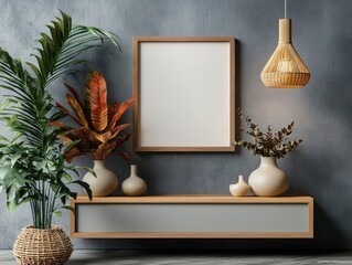 Mockup poster frame in minimalist Scandinavian interior design with soft lighting and modern decor