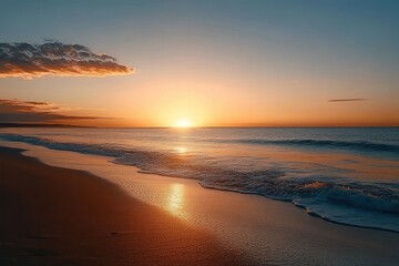 serene beach sunset with soft waves and tranquil atmosphere