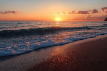 Fototapeta premium serene sunset beach waves golden light horizon