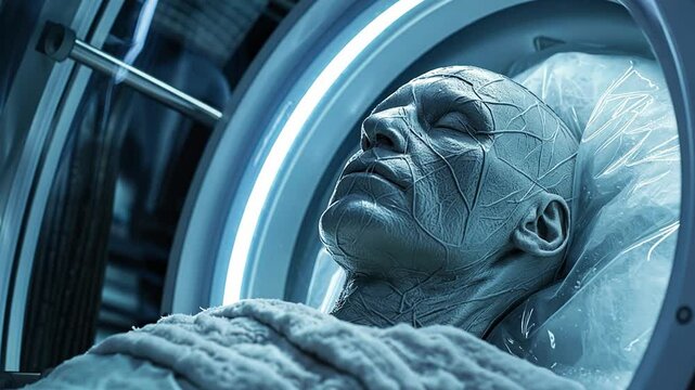 This human rests in cryogenic suspension, highlighting advanced tech for future immortality.