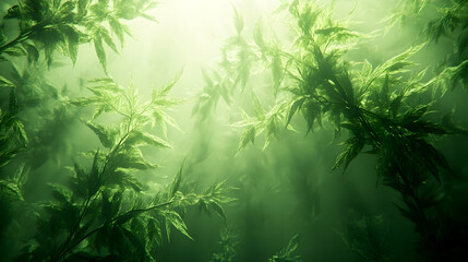 Lush green plants, forest mist, sunlight, nature background, website banner