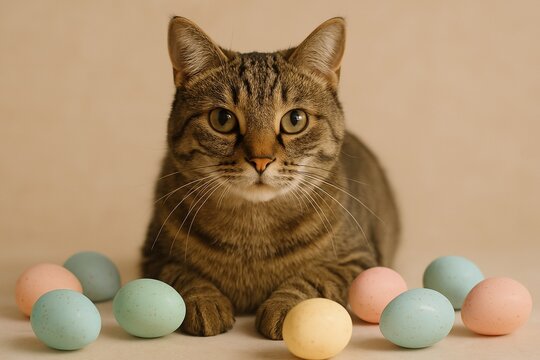 Tabby cat with pastel Easter eggs on beige background &ndash; cute spring photo, 300 DPI