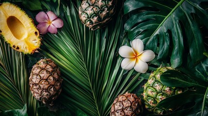 Fototapeta premium Pineapples and tropical flowers on palm leaves background