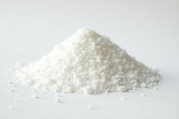 Pile of white granulated sugar on white background, home, still life