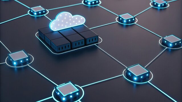 Serverless digital representation of serverless technology showcases interconnected nodes and cloud symbolizing modern computing infrastructure. glowing lines highlight connectivity and innovation
