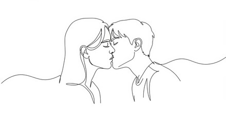 Elegant minimalist line art depicting tender kiss between couple on white backdrop