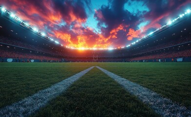 American Football Stadium Night Game Bright Field 50 Yard Line