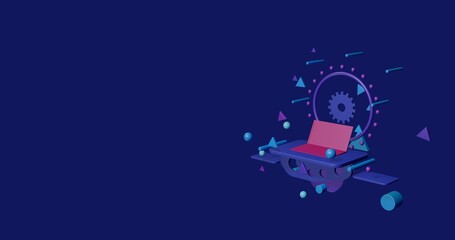 Naklejka premium Pink notebook symbol on a pedestal of abstract geometric shapes floating in the air. Abstract concept art with flying shapes on the right. 3d illustration on indigo background