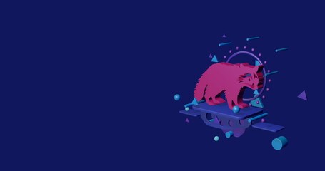 Pink raccoon symbol on a pedestal of abstract geometric shapes floating in the air. Abstract concept art with flying shapes on the right. 3d illustration on indigo background