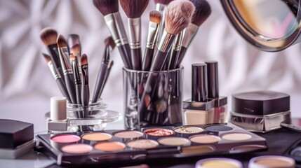 Elegant display of makeup brushes, eyeshadow palette, and beauty products