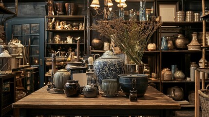 Fototapeta premium Antique pottery and vases displayed in classic workshop