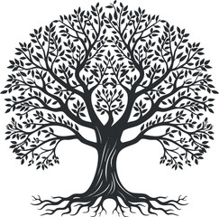 Obraz premium Black and white silhouette of a tree with intricate branches, leaves, and roots in artistic design.