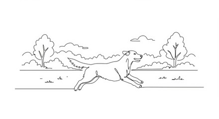 Fototapeta premium Minimalist line drawing of a dog running in a park with continuous line art