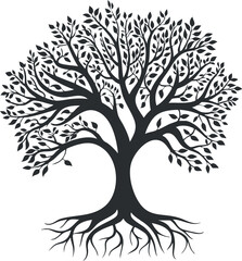 Fototapeta premium Elegant black and white tree silhouette with intricate branches, leaves, and roots illustration.