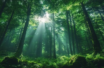 Obraz premium Lush Green Forest Scene with Sunlight and Towering Trees