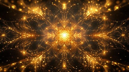 Naklejka premium Golden Fractal Mandala Symmetry with Radiant Patterns and Surreal Design