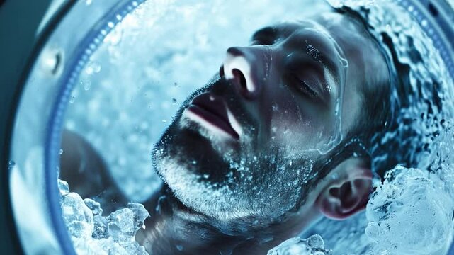 This person experiences cryogenic suspension surrounded by liquid, representing future biotechnology.