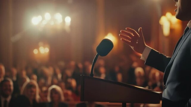 A focus on the politicians hands gripping the podium tightly while delivering their speech. Their brow is furrowed with passion and the dimly lit background features cheering supporters