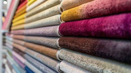 Colorful Carpets or Rugs Rolled Up and Stacked Showcasing a Variety of Textile Samples
