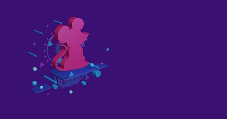 Pink mouse symbol on a pedestal of abstract geometric shapes floating in the air. Abstract concept art with flying shapes on the left. 3d illustration on deep purple background