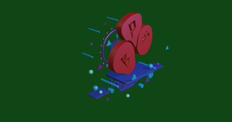 Red divination stones symbol on a pedestal of abstract geometric shapes floating in the air. Abstract concept art with flying shapes in the center. 3d illustration on green background
