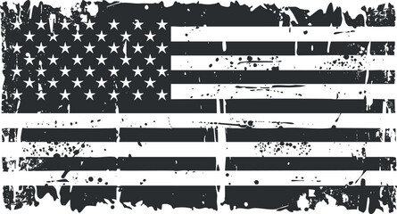 Grunge black and white American flag design with distressed texture and artistic elements.
