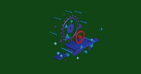 Obraz premium Red astrological sun symbol on a pedestal of abstract geometric shapes floating in the air. Abstract concept art with flying shapes in the center. 3d illustration on green background