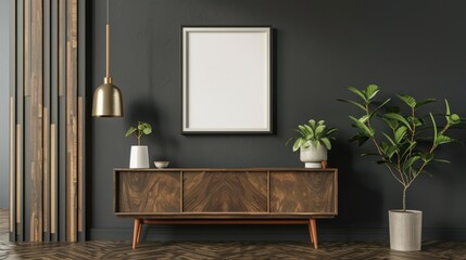 Modern interior with wooden cabinet, plants and blank frame mockup display