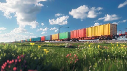 Obraz premium Long Colorful Freight Train Passing Through a Meadow on a Sunny Day