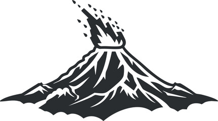 Black and white illustration of an erupting volcano with lava and smoke.