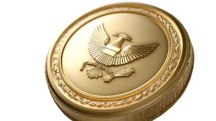 Golden Eagle Emblem with Olive Branches and Shield Detailed Coin Design for Heraldry Military