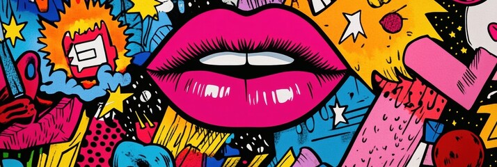 Vibrant pop-art background featuring colorful stickers of lips, lightning bolts, and comic icons over a clean white surface
