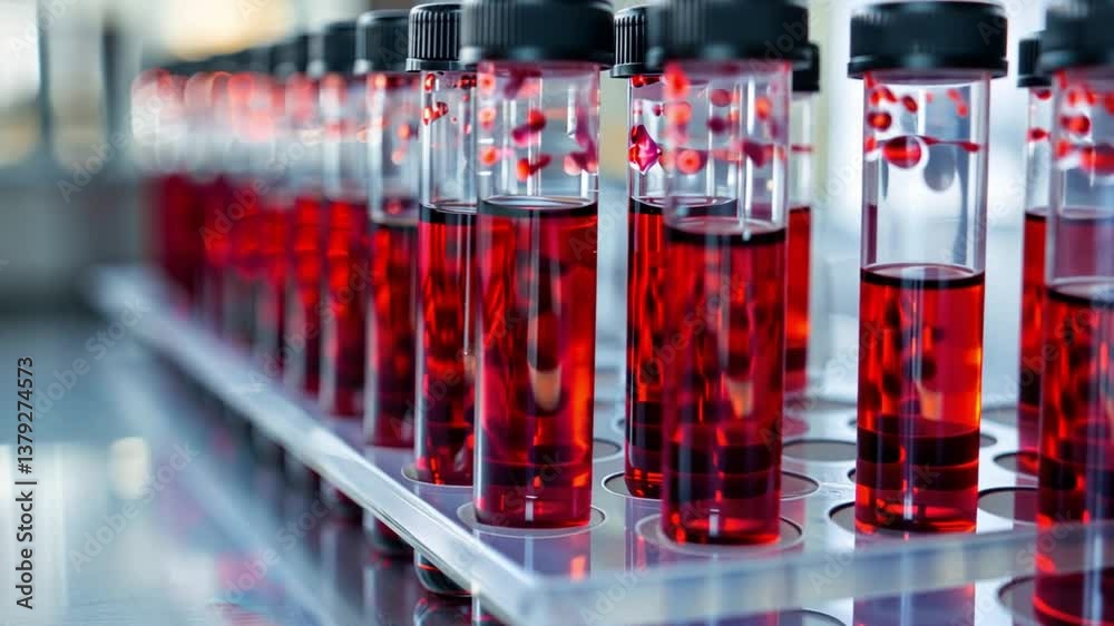 Aufkleber this rows of test tubes filled with synthetic blood for transfusion research in a modern lab.