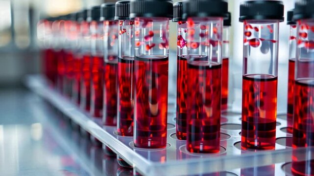 This Rows of test tubes filled with synthetic blood for transfusion research in a modern lab.