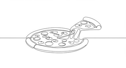 Minimalist pizza drawing with single continuous line in stark white background