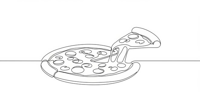 Minimalist pizza drawing with single continuous line in stark white background