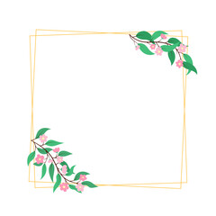Elegant square floral frame with gold geometric lines and pink flowers isolated on white background. Decorative blossom design element for invitations, greeting cards. Botanical vector illustration