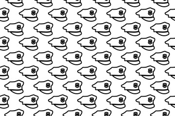 Seamless pattern completely filled with outlines of police cap symbols. Elements are evenly spaced. Illustration on transparent background