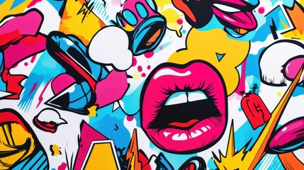 Obraz premium Vibrant pop-art style background with colorful stickers depicting lips, comic icons, and lightning bolts over white surface